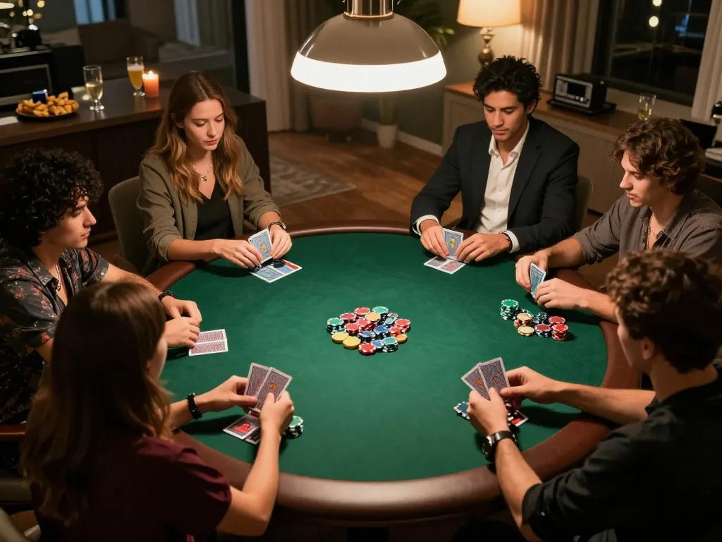 Sunwin home poker game night with friends, chips and cards actively in play.