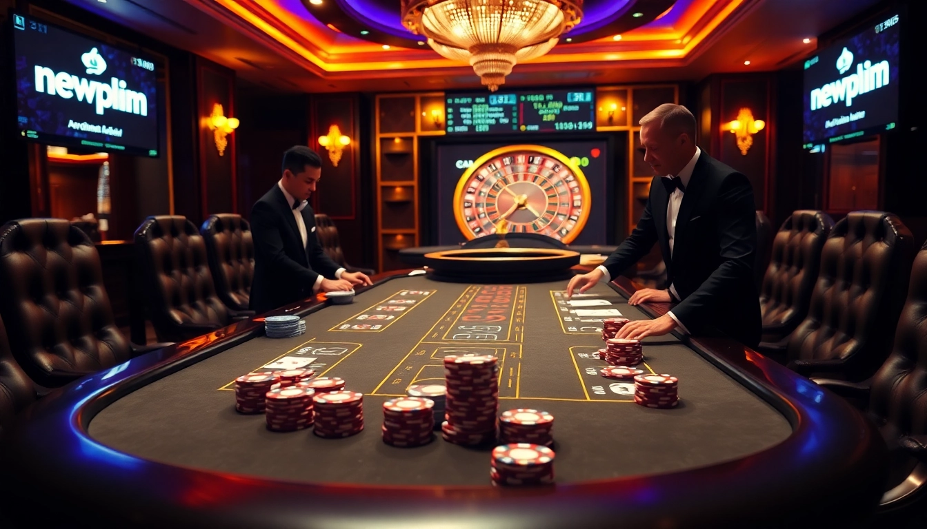 Engage in high-stakes gambling at newphim's luxury casino atmosphere with poker chips and roulette.