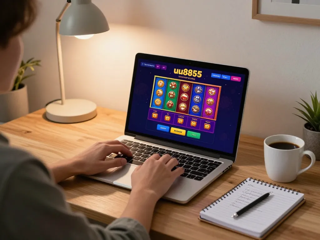 Play online casino games on uu8855 with a cozy atmosphere, showcasing strategy notes and laptop.