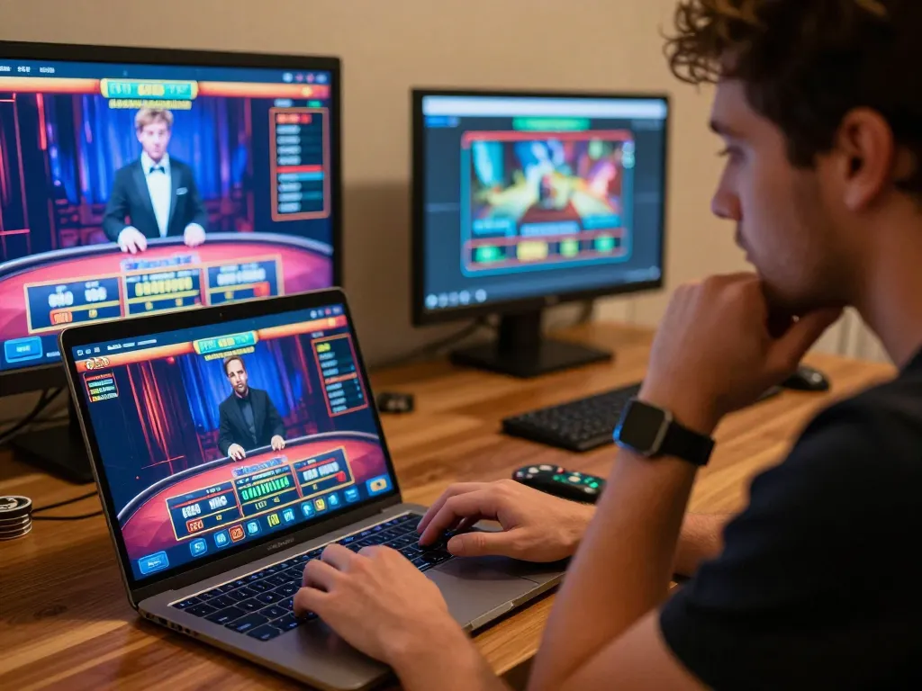 Player enjoying live dealer games at home on tg88, showcasing an engaging online gambling experience.