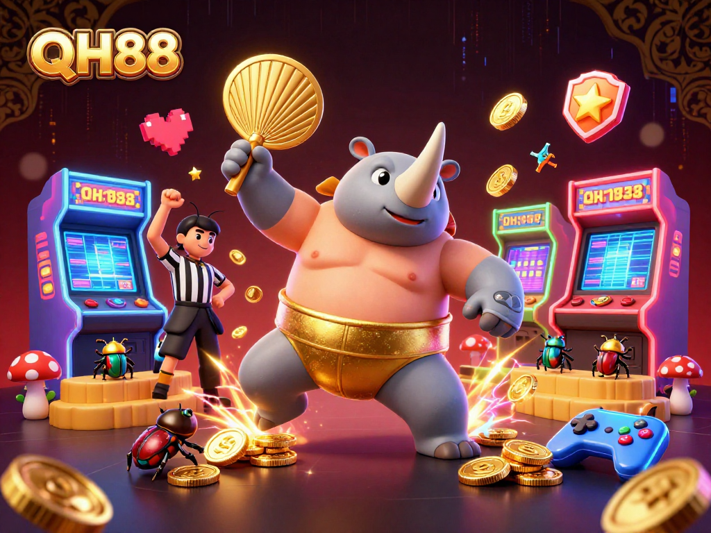 Engage with QH88's dynamic casino scene featuring a sumo beetle champion unleashing golden coins.