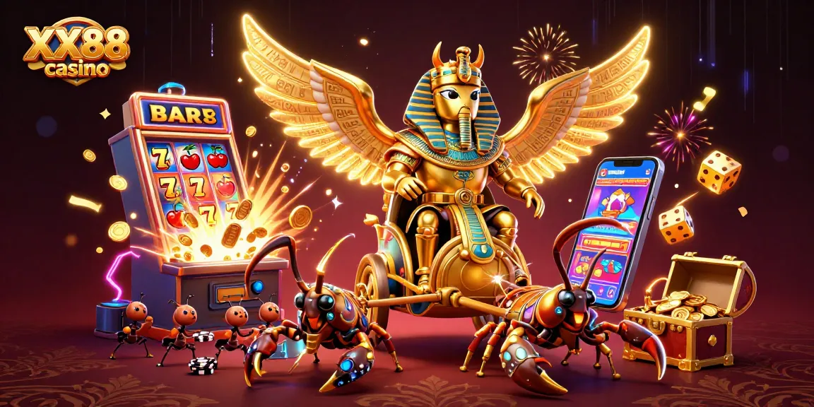 Engage with the vibrant world of XX88 casino featuring a colossal golden scarab beetle, slot machines, and golden dice.