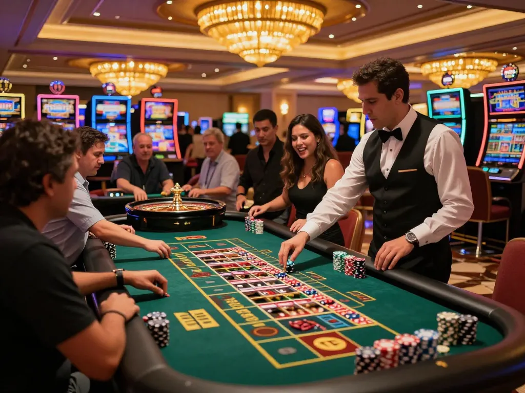 VA88 players placing bets at roulette table, vibrant casino atmosphere filled with excitement.