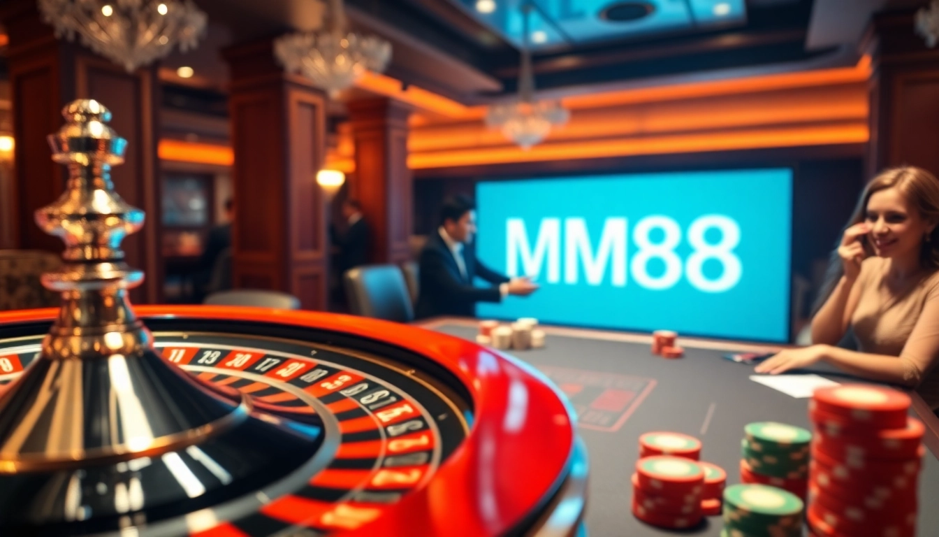 MM88 casino scene featuring a vibrant roulette wheel and poker chips in an engaging gambling atmosphere.