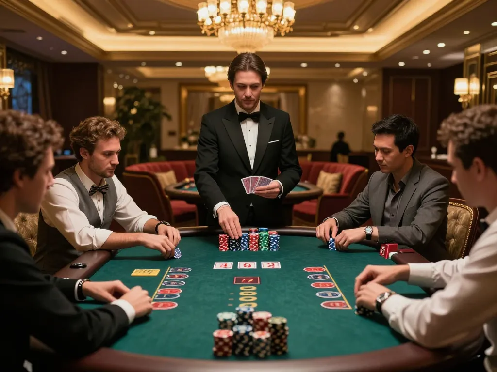 Players at a blackjack table strategizing their bets with 33win, colorful chips and cards visible, luxurious casino ambiance.
