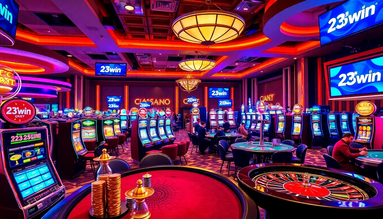 Exciting casino scene showcasing players at 23win tables with vibrant slot machines and poker chips.