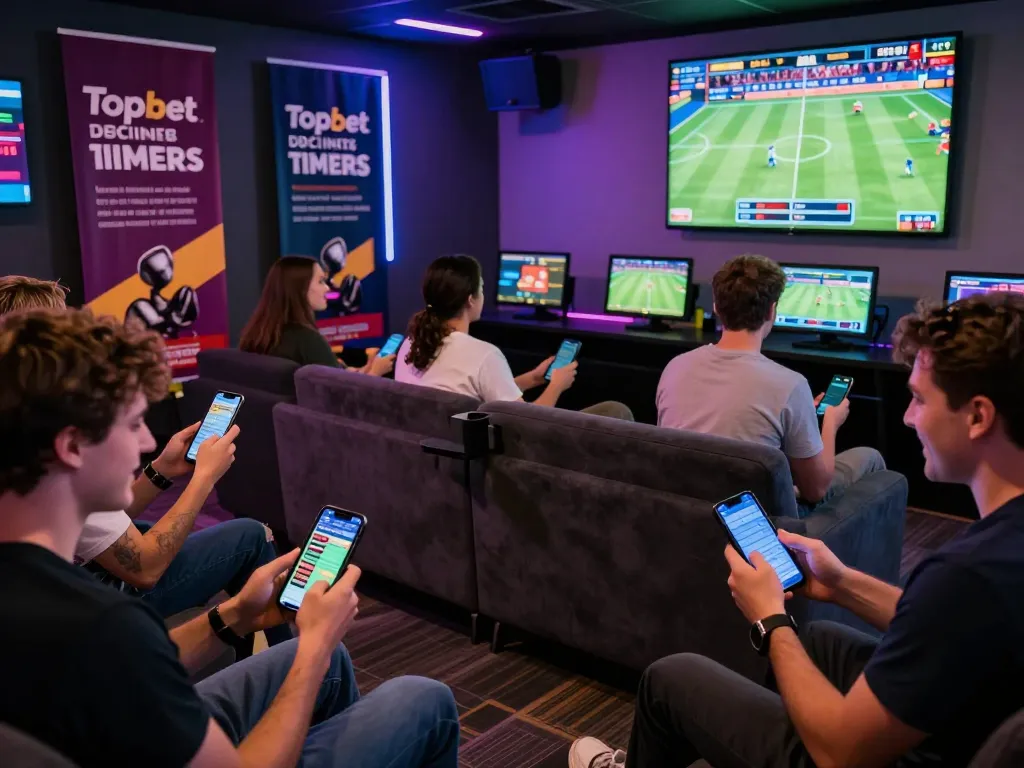 Players engaged in sports betting with Topbet offers in a lively gaming lounge.