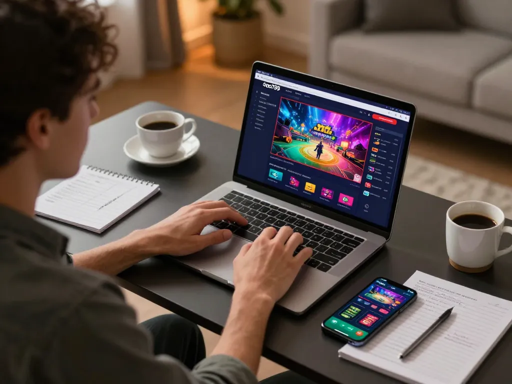 Sao789 player engaging with online casino gameplay from a modern home setup, showcasing device and strategy elements