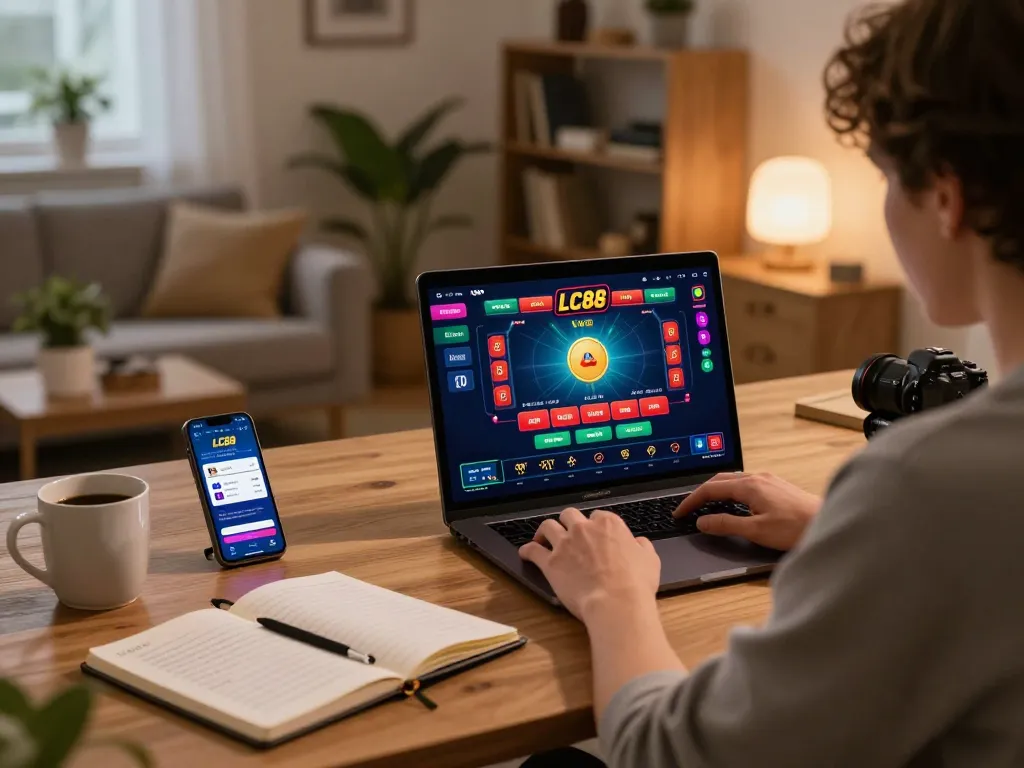Engaging in a strategic LC88 poker game from home, laptop displaying vibrant game interface, warm inviting atmosphere.