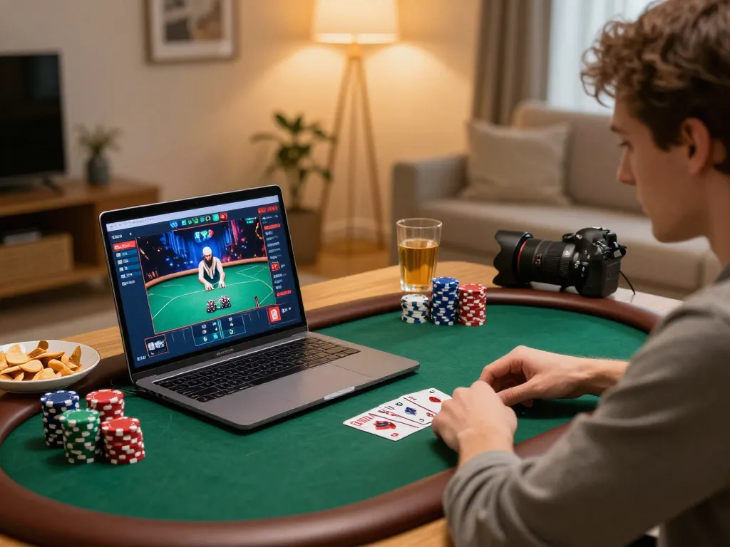 Player engaged in 32win online poker game, showcasing chips and betting strategies in a cozy home setup.