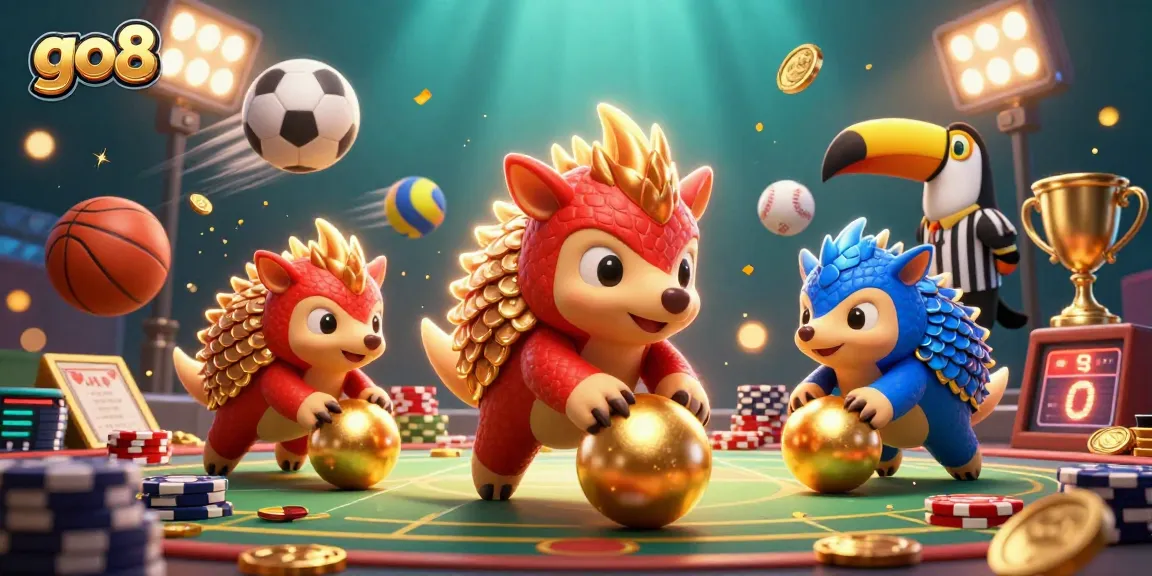 Rival pangolins in a casino showdown rolling golden balls and bowling through poker chips for go8.