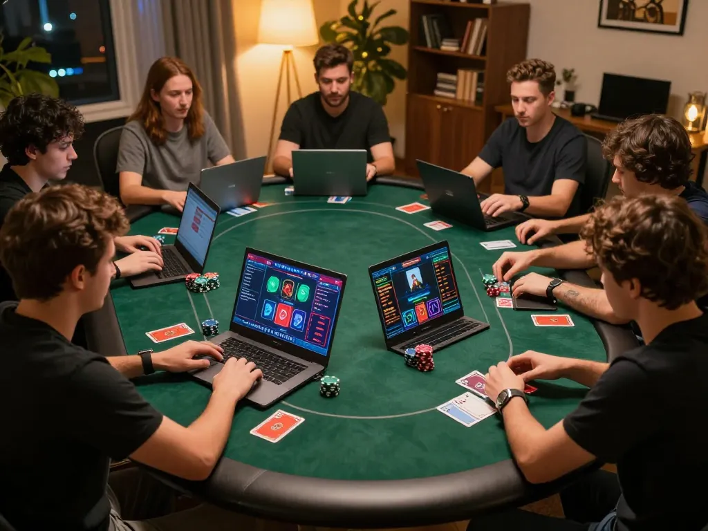 Players enjoying intense online poker at home with f8betz apps on their screens