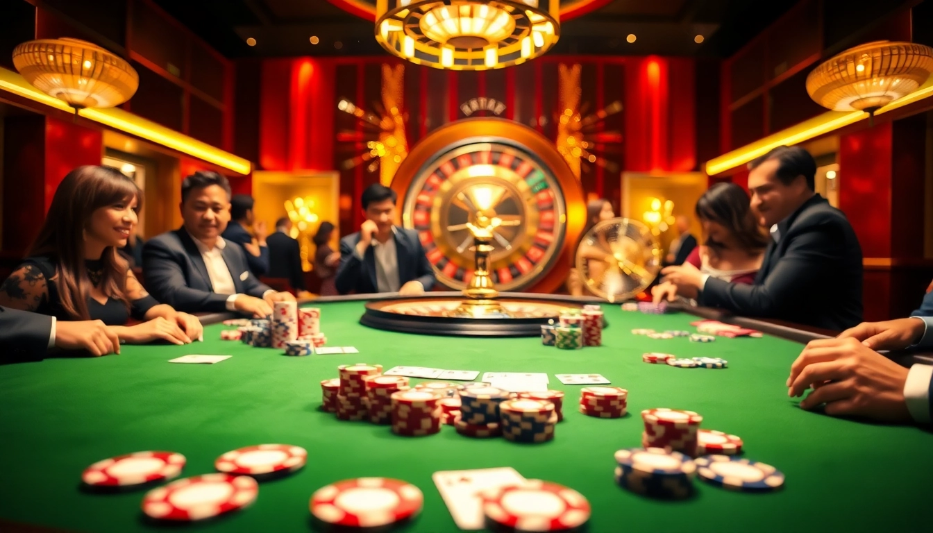 Experience high-stakes action at Pu88 nhà cái with poker chips and roulette wheels in a luxurious casino.