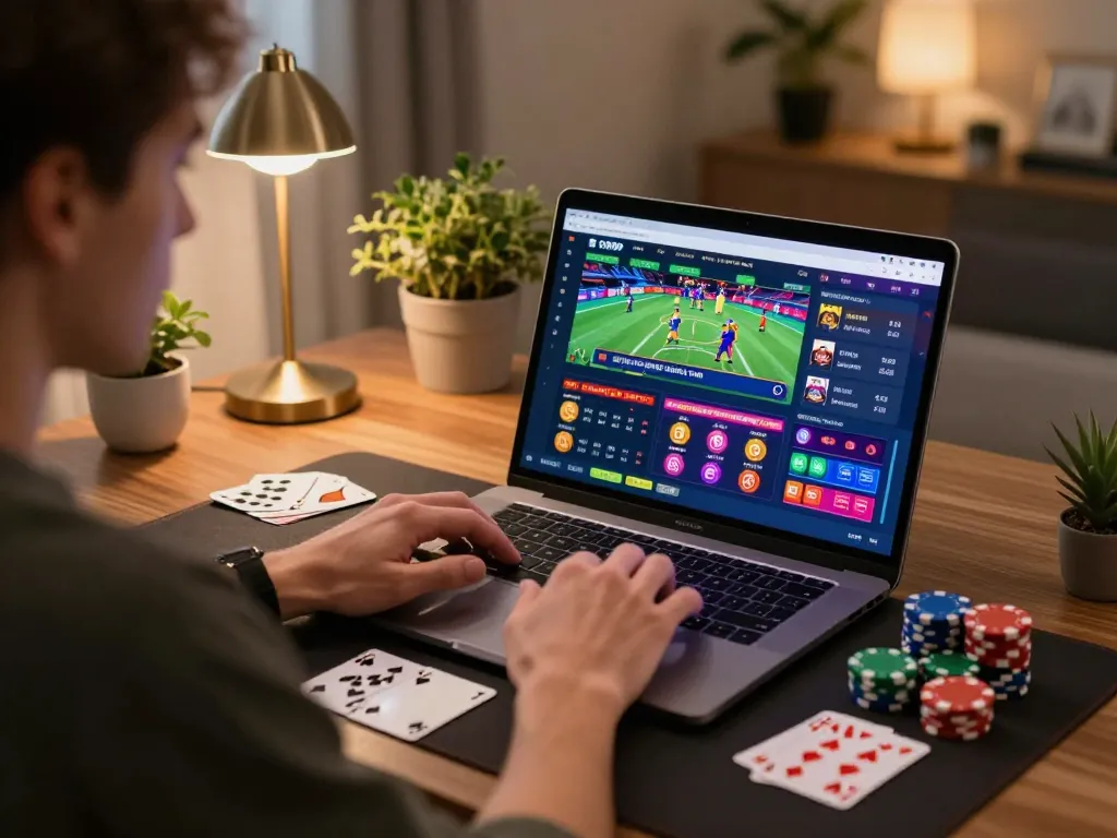 Player engaging in online gaming with abc999 at a stylish home desk with colorful chips and cards.