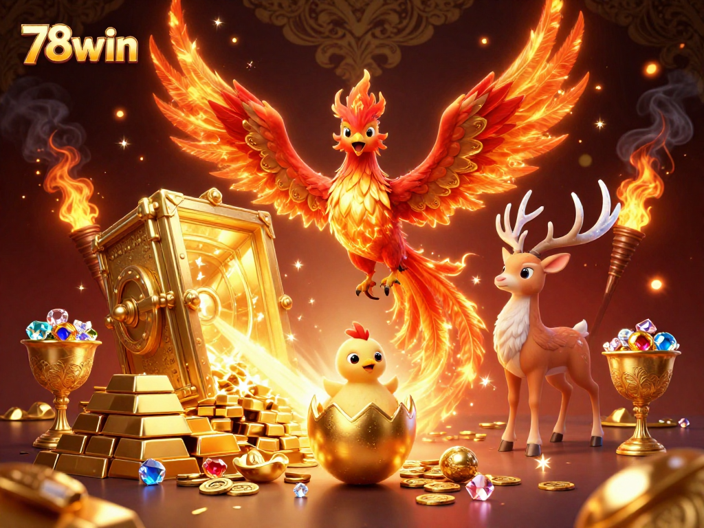 Experience thrilling gaming adventures with 78win’s dynamic online casino scene featuring vibrant characters and dazzling treasures.