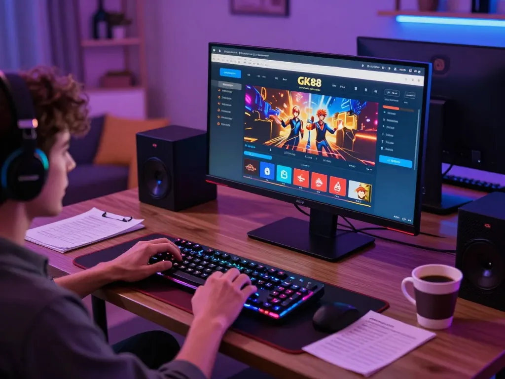 Engaging in online casino gameplay with GK88 interface on screen, showcasing an immersive gaming setup.