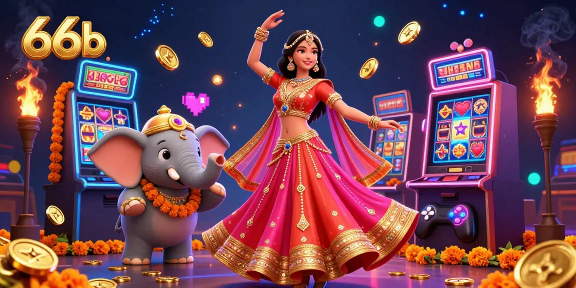 Engaging 66b casino illustration featuring vibrant Asian dancer and slot machines.