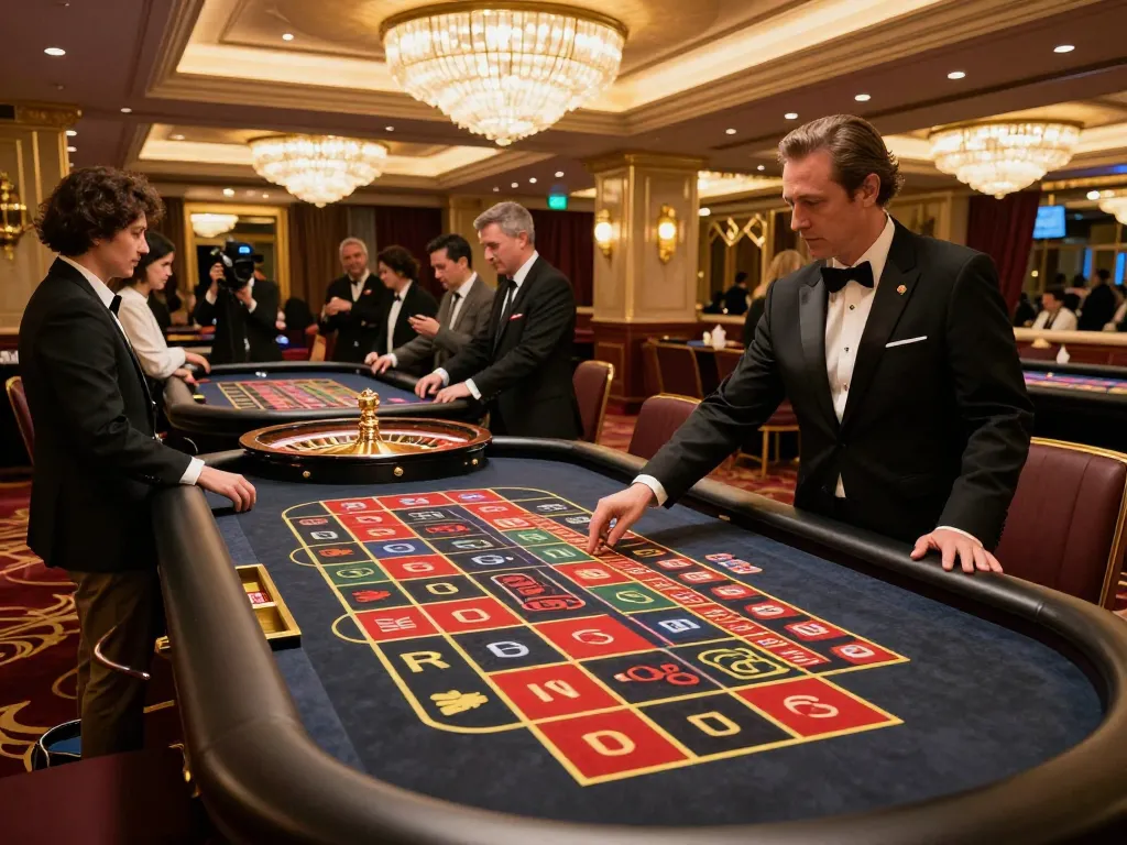 Players placing bets on the luck8 roulette table in an upscale casino, enhancing strategic gameplay experience.