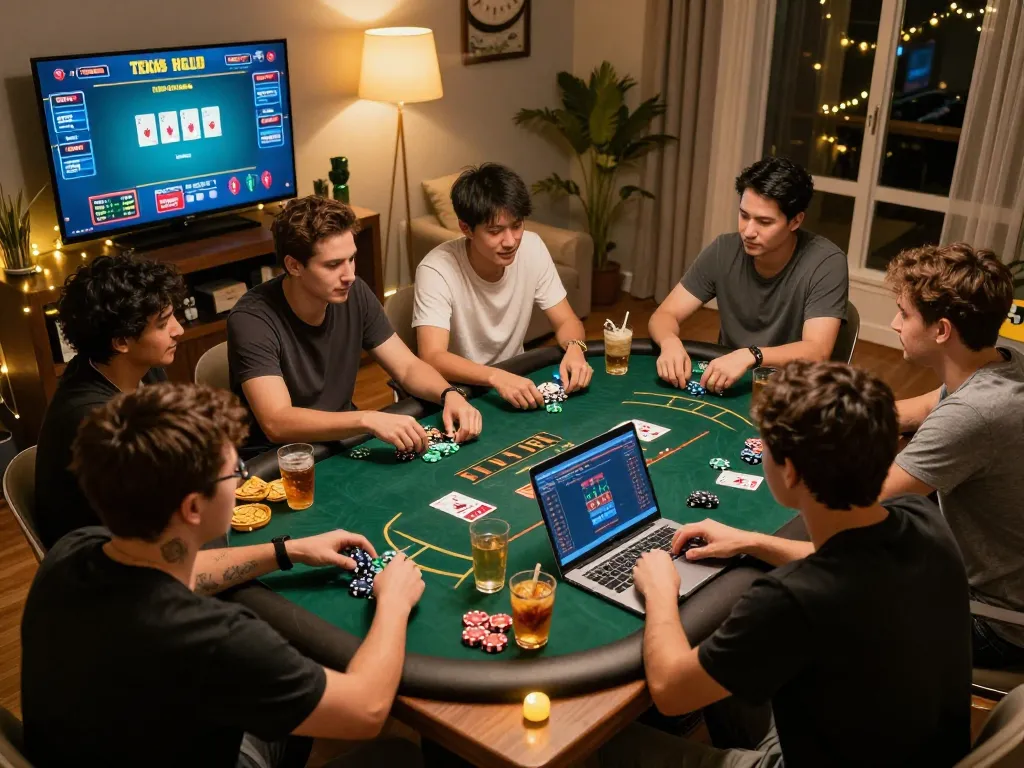 DOLA789 players engaging in a lively online poker game, showcasing strategy and collaboration in a warm home setting.