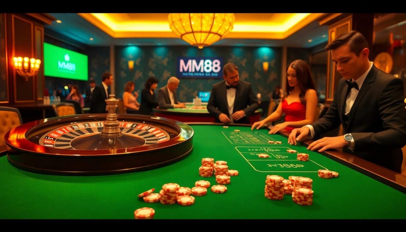 MM88.dance invites gamblers to engage with a vibrant casino scene featuring roulette and poker gameplay.