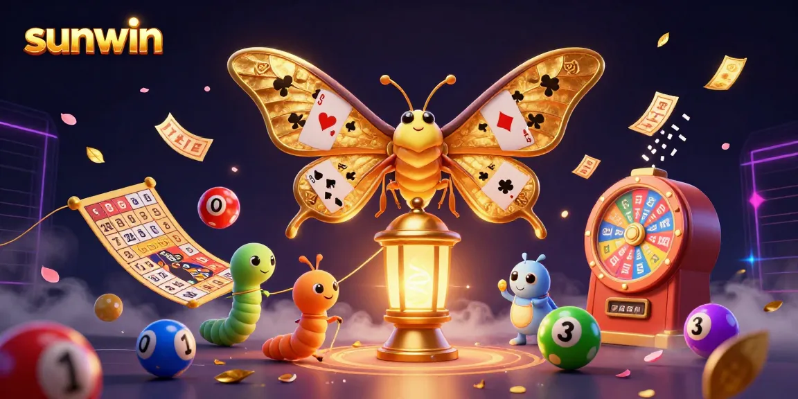 Sunwin showcases a vibrant scene of a golden-winged moth amid a dynamic casino atmosphere, embodying excitement.