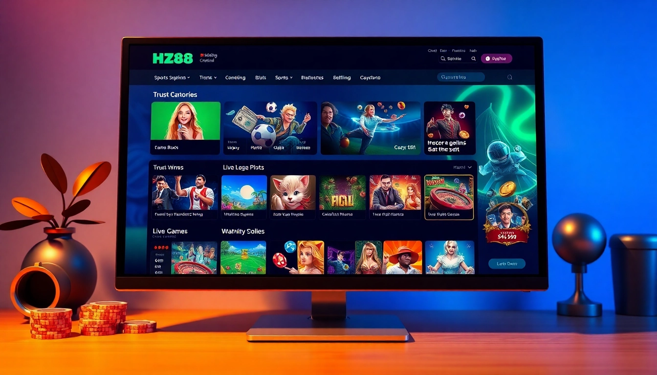 Interactive HZ88 online gaming interface showcasing casino and sports betting features.