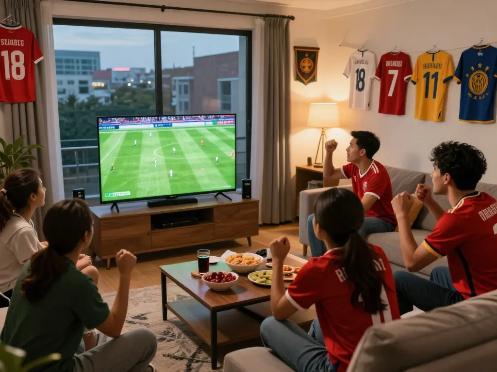 A group of friends enjoying a live football match on cakhiatvz.live, creating a lively and engaging atmosphere.
