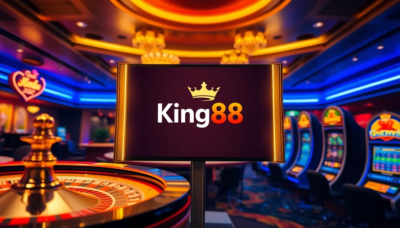 Engaging casino scene illustrating Đăng nhập King88 with roulette wheels and poker chips for an immersive gaming experience.