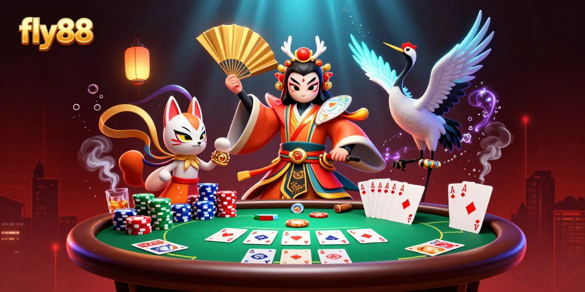 Experience the vibrant world of fly88 with a dynamic poker scene showcasing colorful chips and characters.