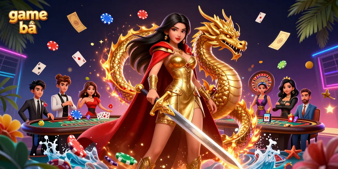 Play thrilling game bài with dynamic casino elements and engaging characters in a vibrant illustration.