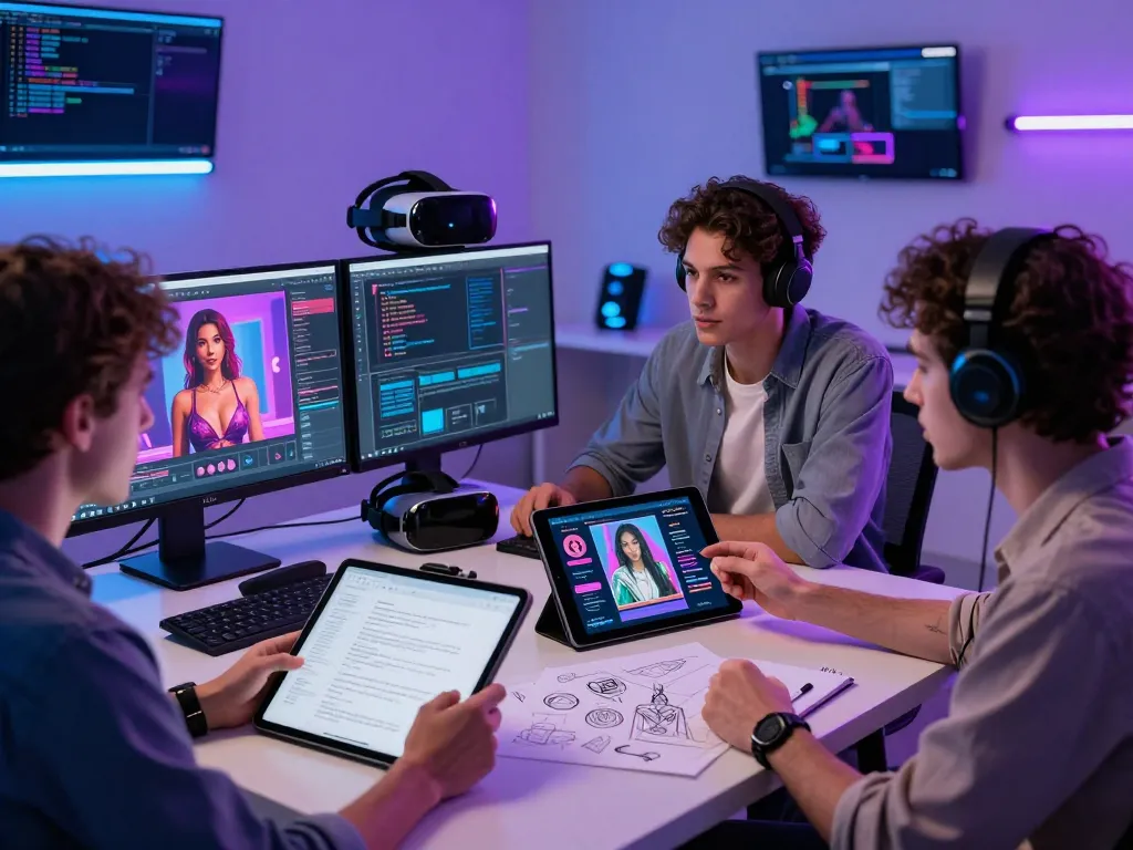 Diverse professionals creating AI porn content in a high-tech digital studio, showcasing interactive elements and futuristic designs.