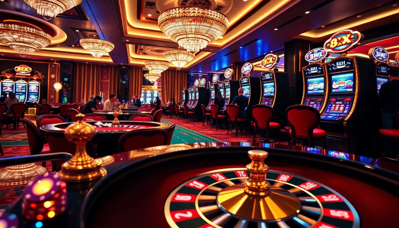 Excited gamblers experience the thrill of playing at 8XX casino, showcasing vibrant tables and digital interfaces.
