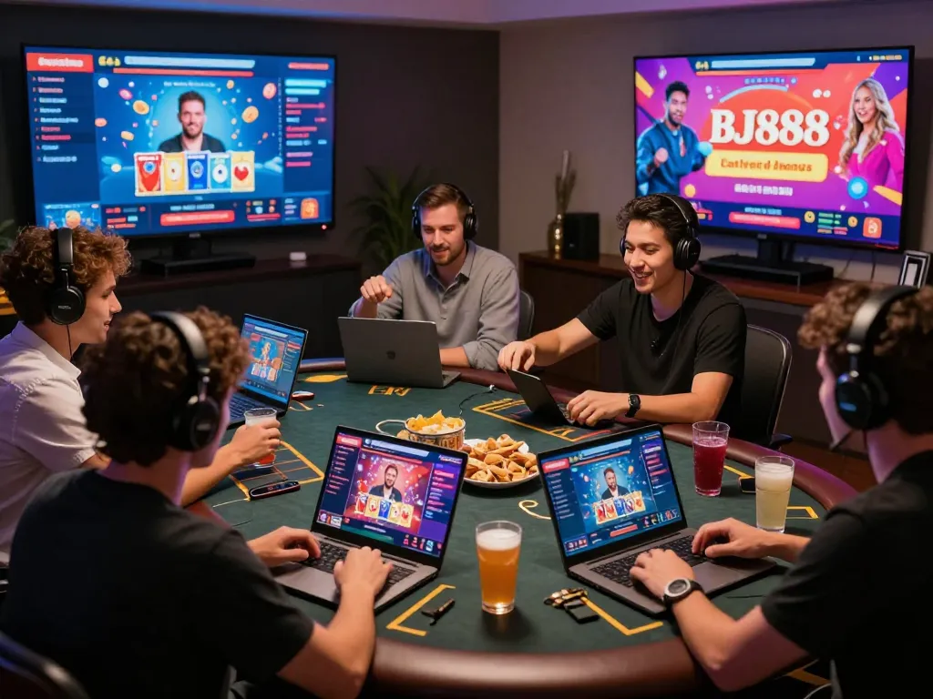 Engaged players enjoying BJ888 casino games online with vibrant visuals and snacks.