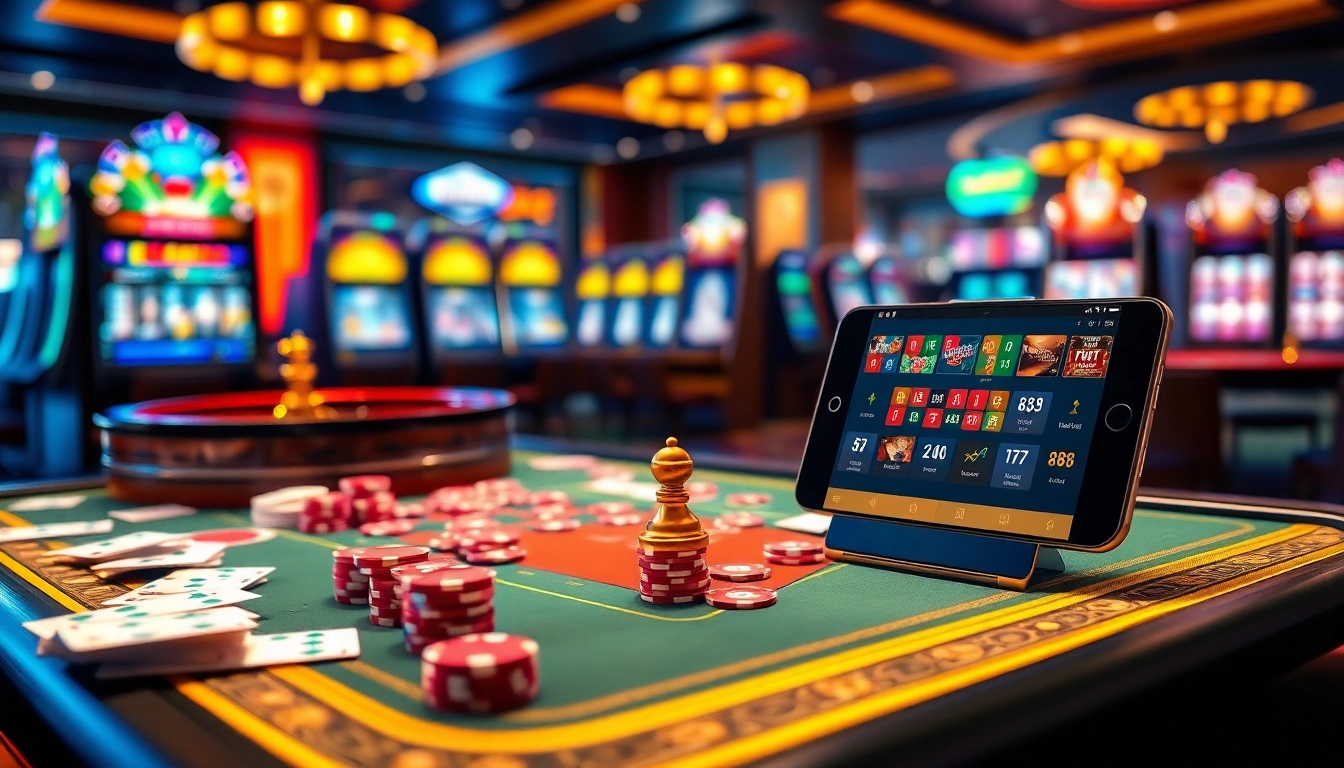 Players enjoying thrilling casino games at RR88, featuring vibrant chips and cards.