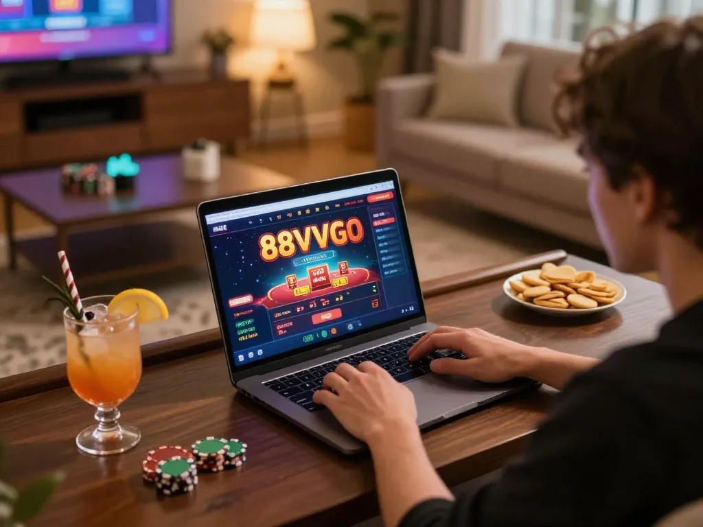 Engaging with 88vvgo online casino from a cozy home setting, depicting responsible gaming.