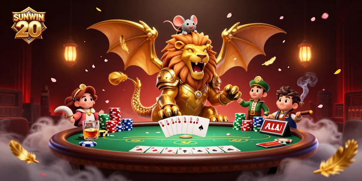 Engage in the excitement of SUNWIN 20 with a roaring chimera and poker scene full of action and gold.