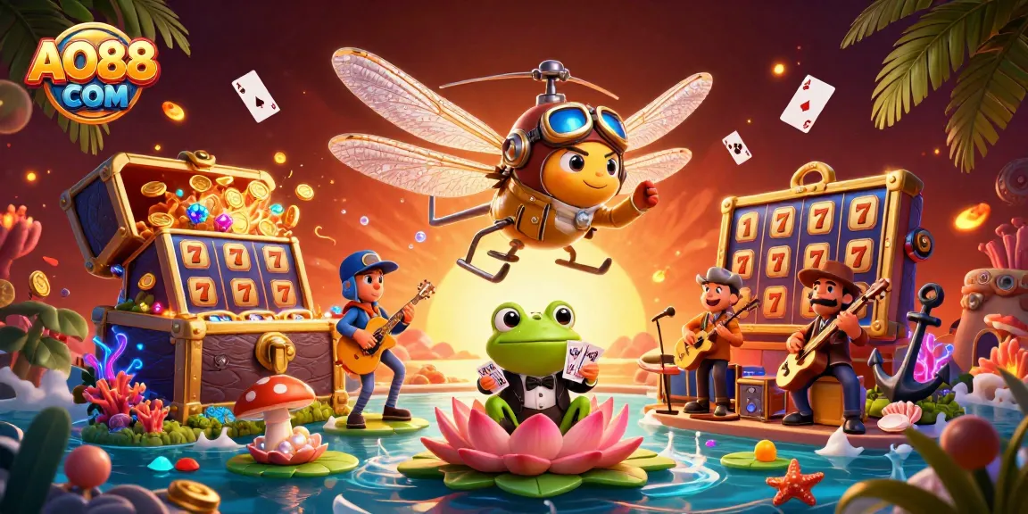 AO88 COM exemplifies winning at slots with dragonfly pilot and frog dealer in a dynamic casino scene.