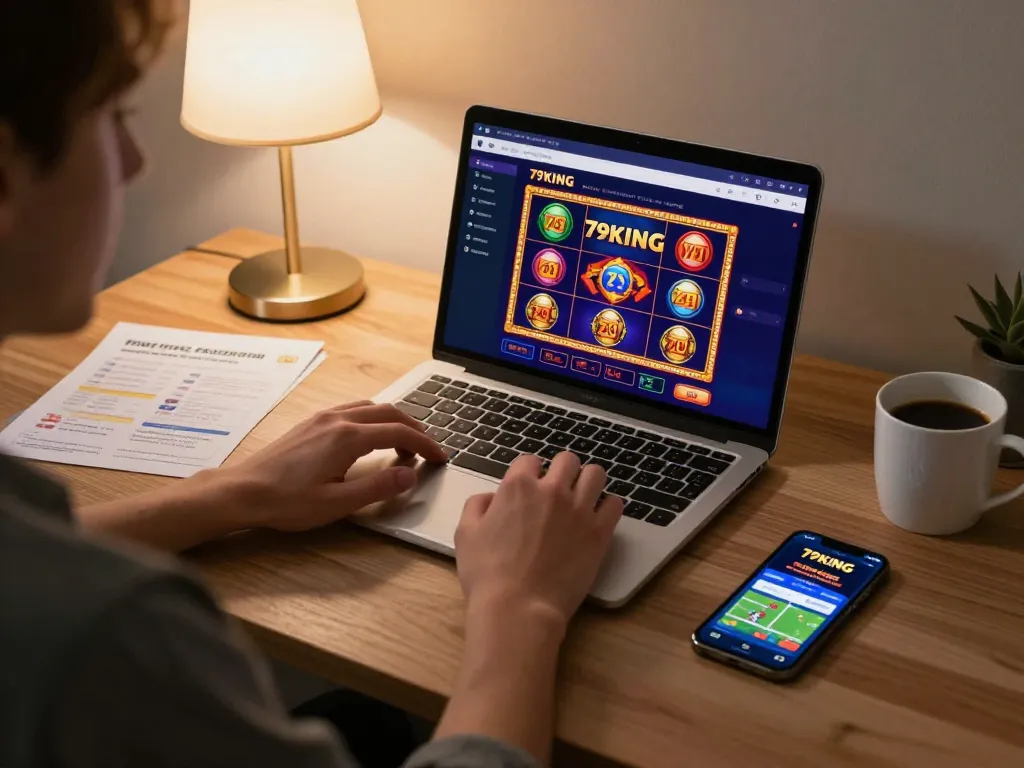 Experience online gaming excitement with 79KING in a cozy home office setup.