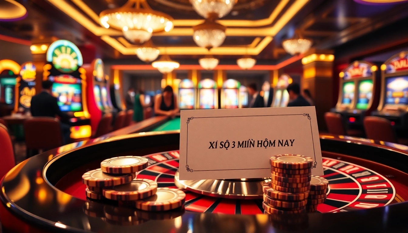 Xổ số 3 miền hôm nay highlighting thrilling casino excitement with roulette and slot machines.
