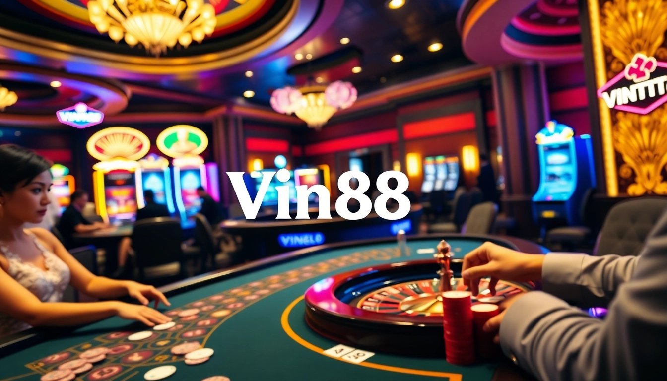 Vin88 players enjoying an exciting casino atmosphere with poker chips and cards.
