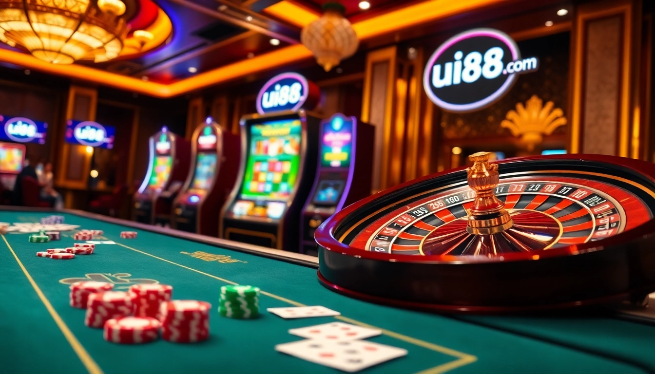 Engage in thrilling gameplay at uu88 com, showcasing vibrant casino tables and exciting slot machines.
