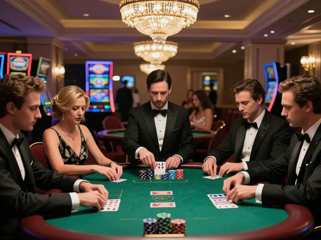 Intense players strategizing at high-stakes poker game, captured at https://v788.biz/ upscale casino.