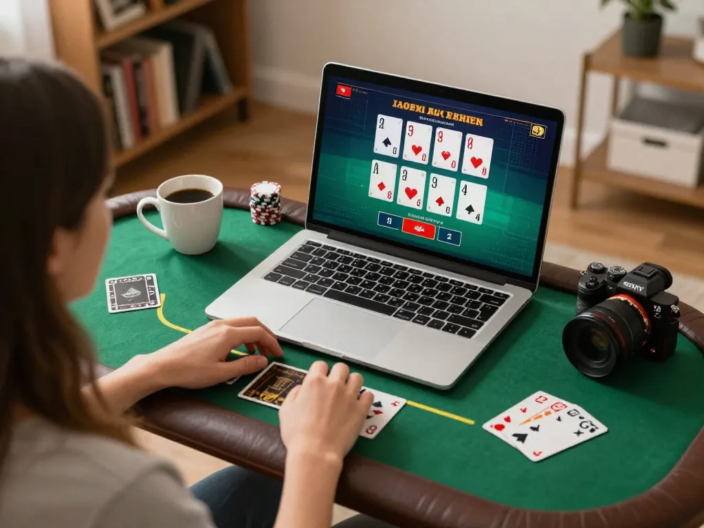 Gameplay at Go88 online blackjack showing player interacting with live dealer on laptop in cozy environment.