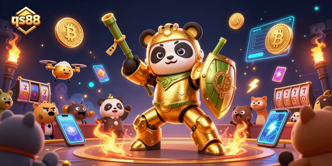 Engage with qs88 in an electrifying casino scene featuring a golden panda and dynamic gaming elements.