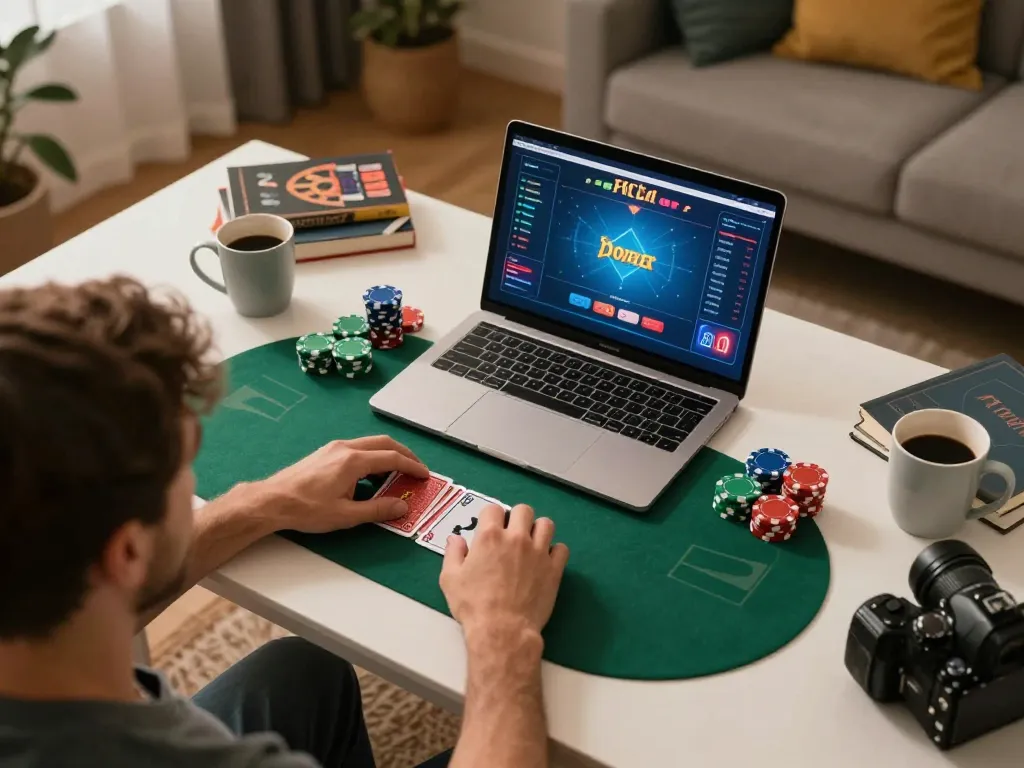 Player engaging in online poker at home, showcasing the excitement of KUWIN's gaming platform.