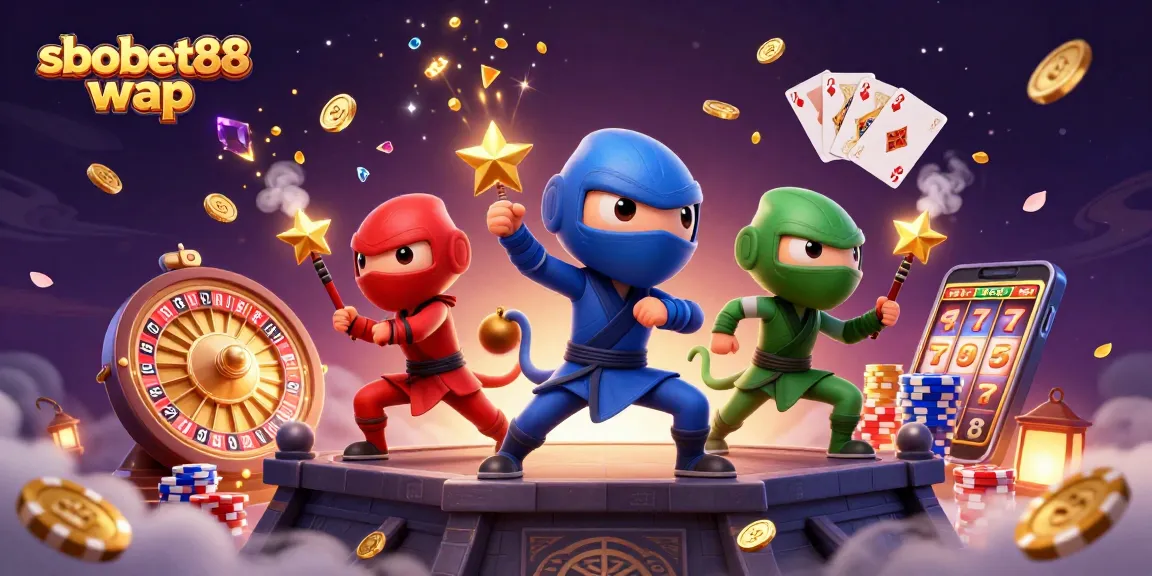 Engage with sbobet88 wap through thrilling action of ninja chameleon team amidst shiny casino symbols.