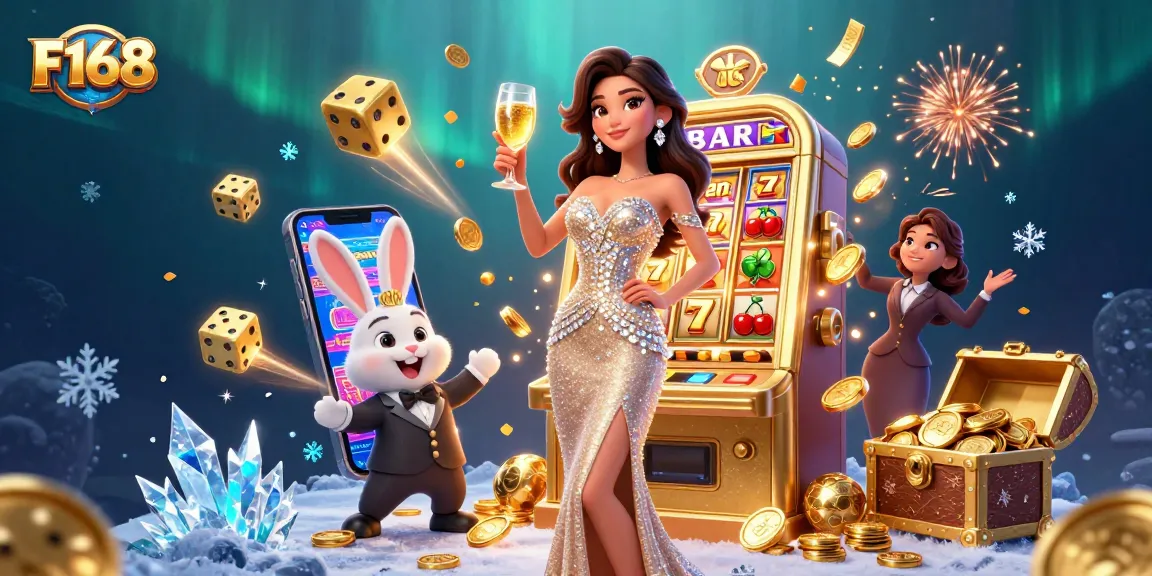 Engage in exciting gameplay at F168 with a glamorous jackpot slot scene and vibrant 3D characters.