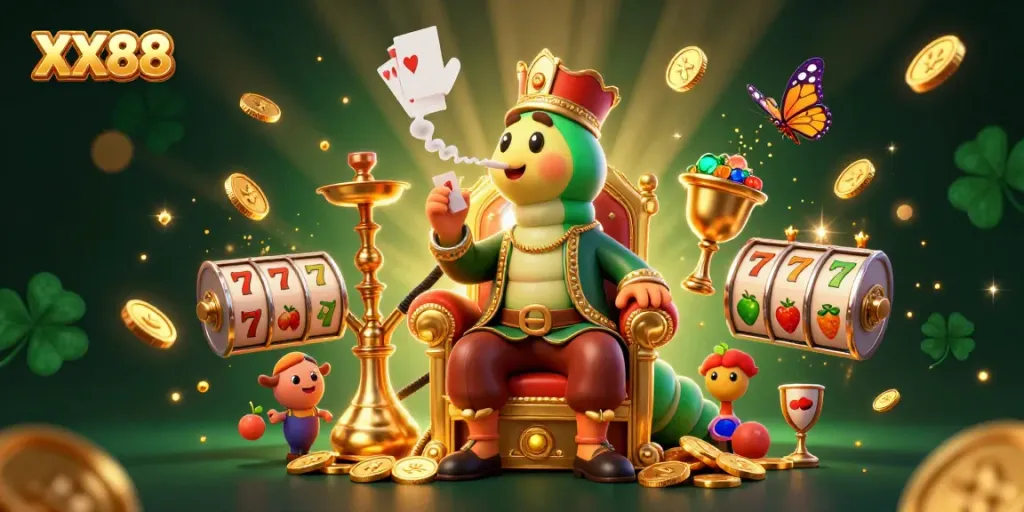 Experience the excitement of XX88 with vibrant slot reels and sparkling coins in a detailed 3D illustration.