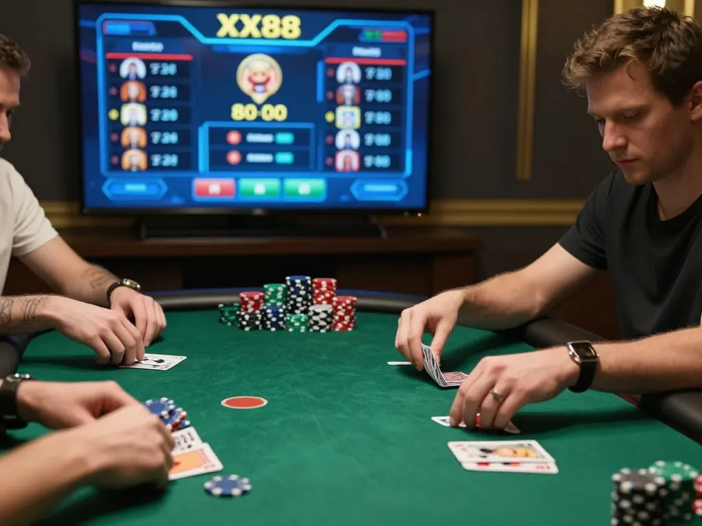 XX88 online poker action with players revealing their cards in an engaging home gaming setting.