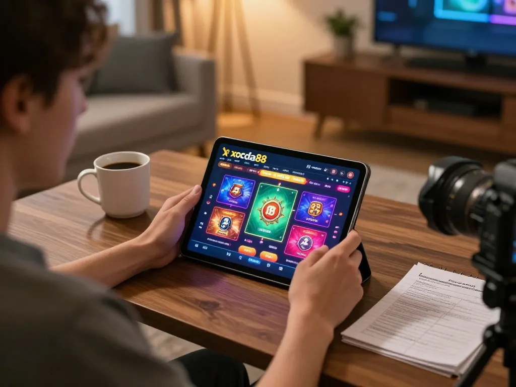 Engaging xocdia88 online game interface displayed on a tablet during a cozy home gaming session